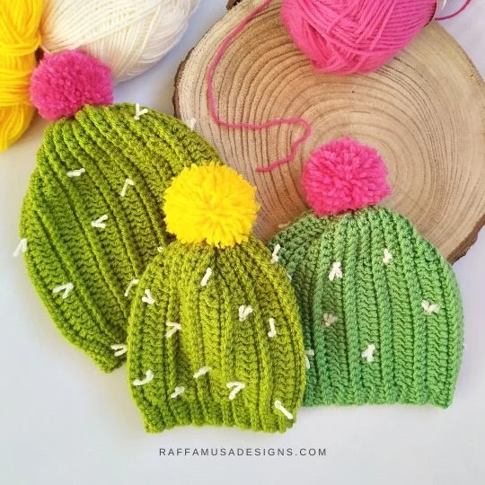 Crochet Cactus Beanie - Newborn to Toddler Sizes - Free Pattern - Raffamusa Designs
