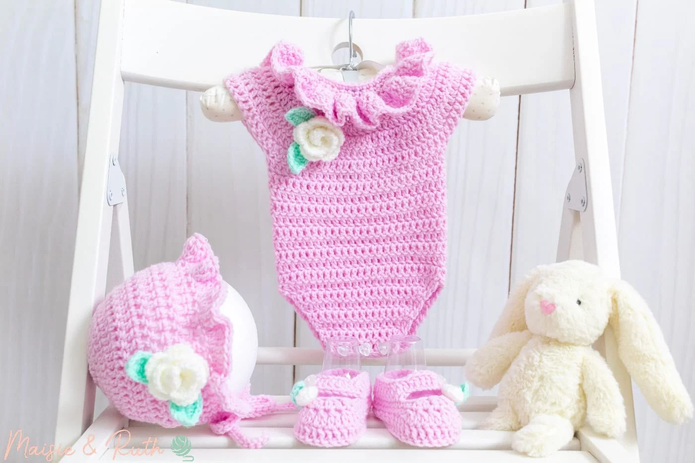 Crochet Baby Romper with bonnet and booties