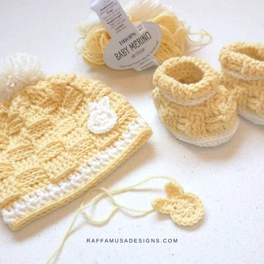 Basketweave Baby Beanie and Booties - Free Crochet Patterns - Raffamusa Designs