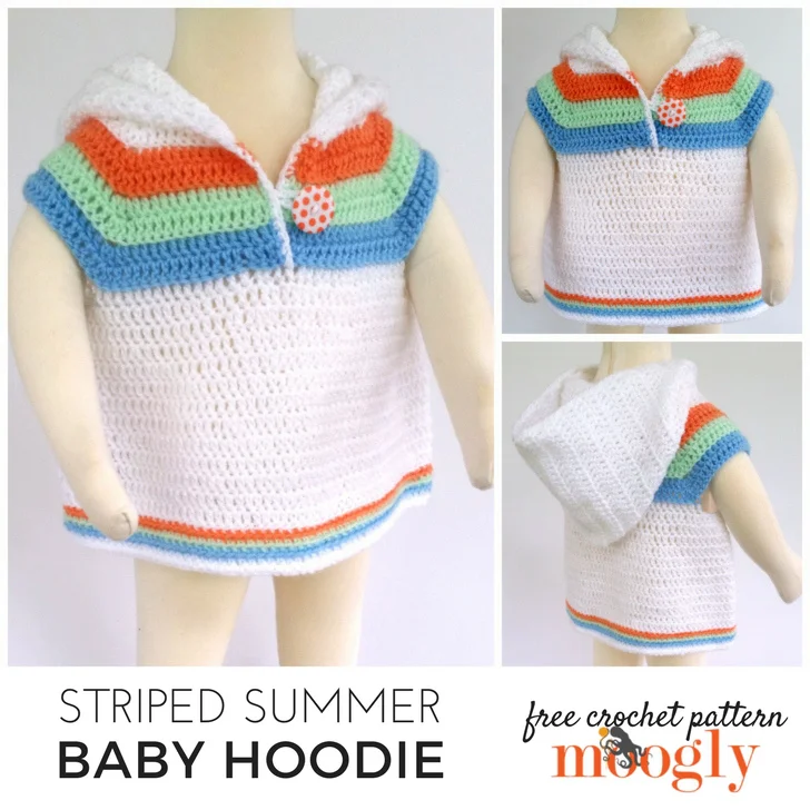 Striped Summer Baby Hoodie - free crochet pattern in 2 sizes on Mooglyblog.com! Perfect for summer breezes and as a swimming coverup!