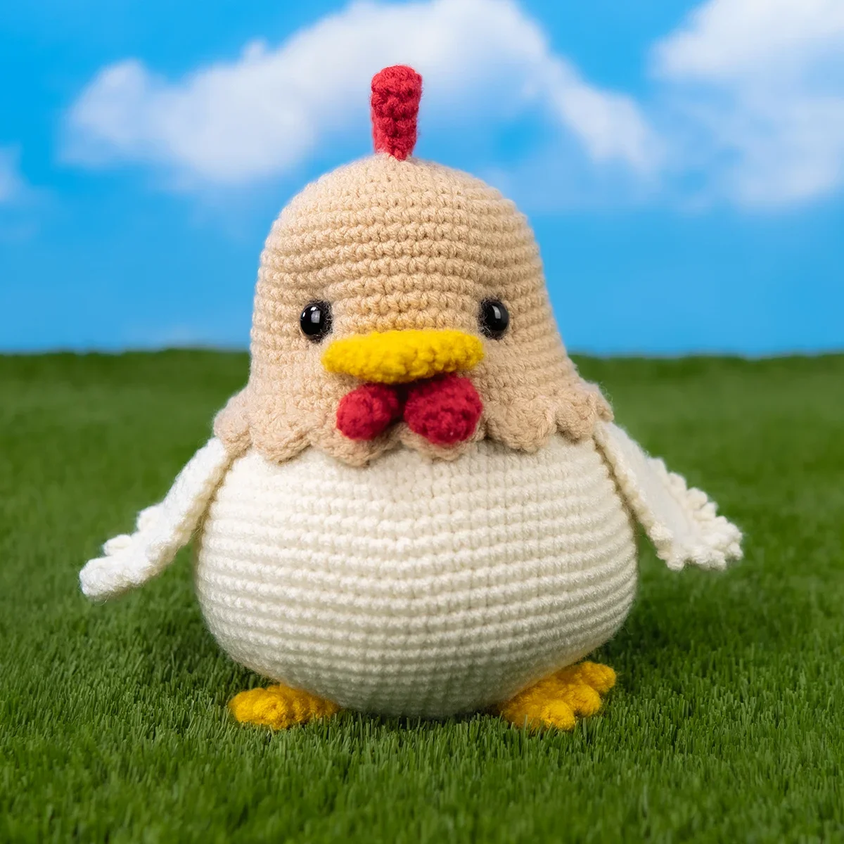 Free chicken crochet pattern featuring a round amigurumi chicken with a cream body, beige head, red comb and wattle, yellow beak and feet, standing on grass against a blue sky background.