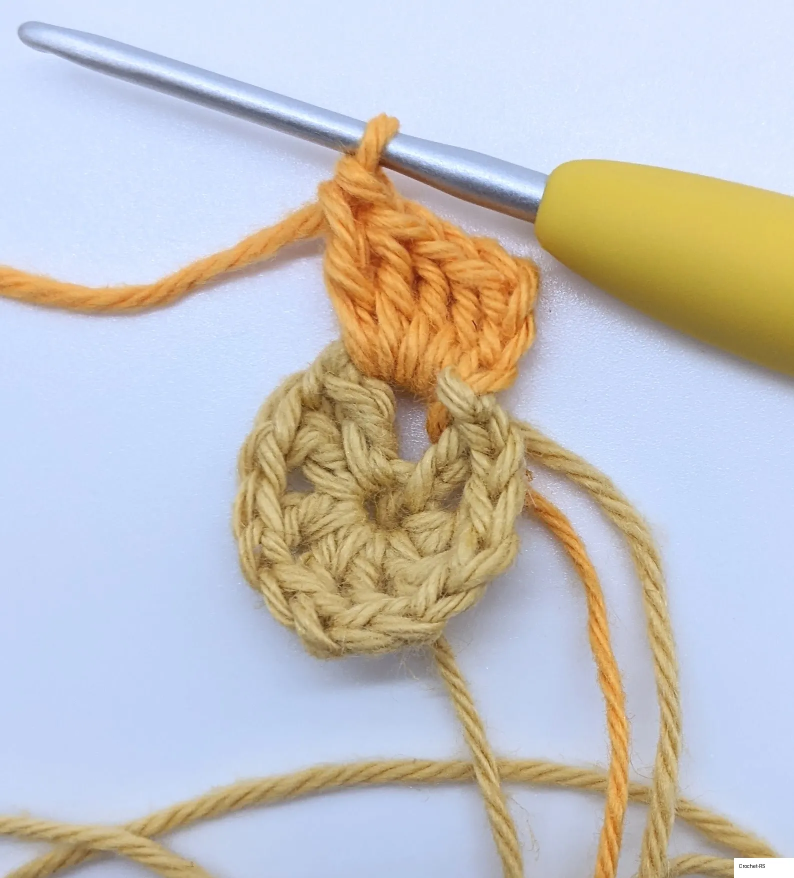 After chaining 3 and working 4 dcs into the first ch-sp, remove the hook from this loop.
