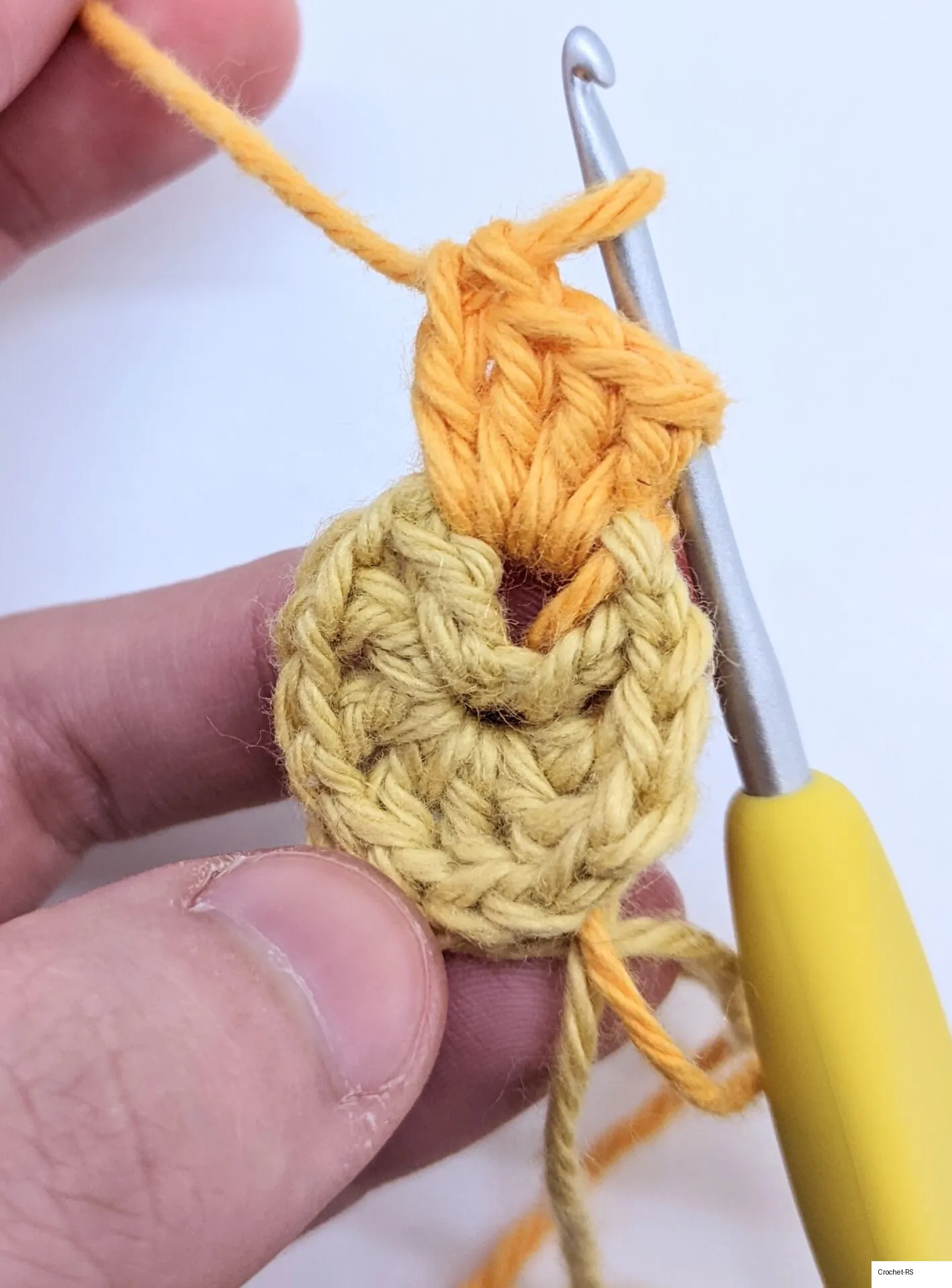 Insert the hook between the ch 3 and first dc st, then re-insert the hook into the loop and pull through.